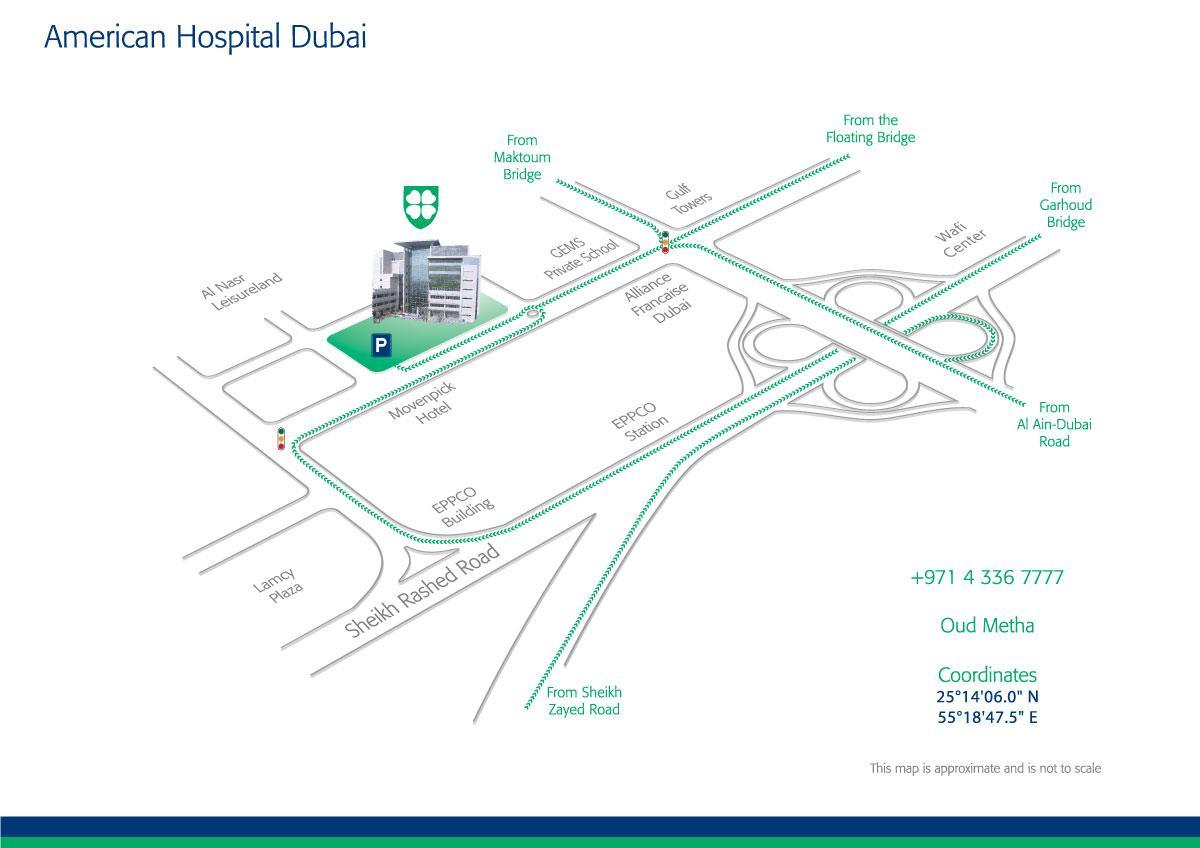 карта на Американската болница Дубаи